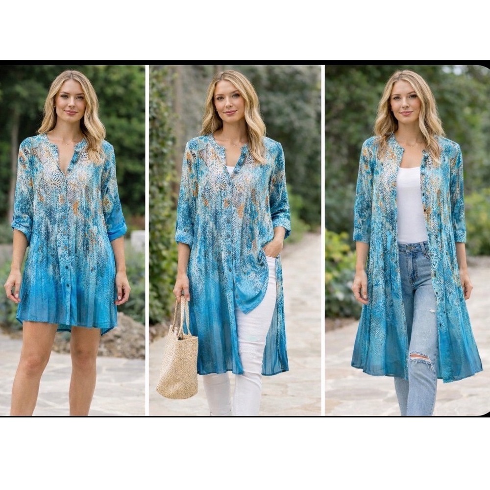 Mushkaby XL Tunic Top, Dress, Duster sheer Snakeskin Print Button Up Roll Sleeve